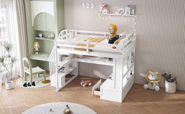 English Elm Full Full Size Loft Bed with Desk, Shelves, Two Drawers and Storage Staircase in Warm Wood Finish White GX000397AAK