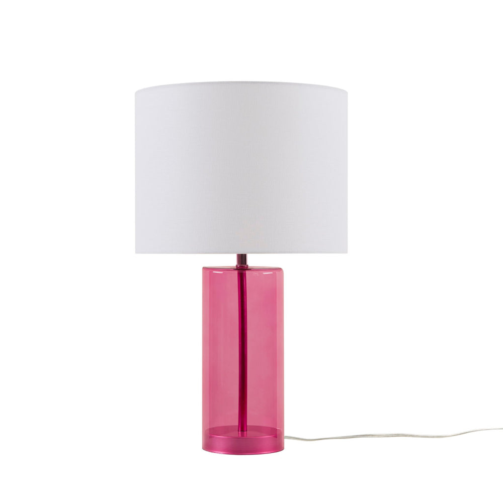 JLA Home 510 Design - Glass Neonova Table Lamp — Pink tempered-glass body, white drum shade, LED ambient light, modern bedside accent 5DS153-0051