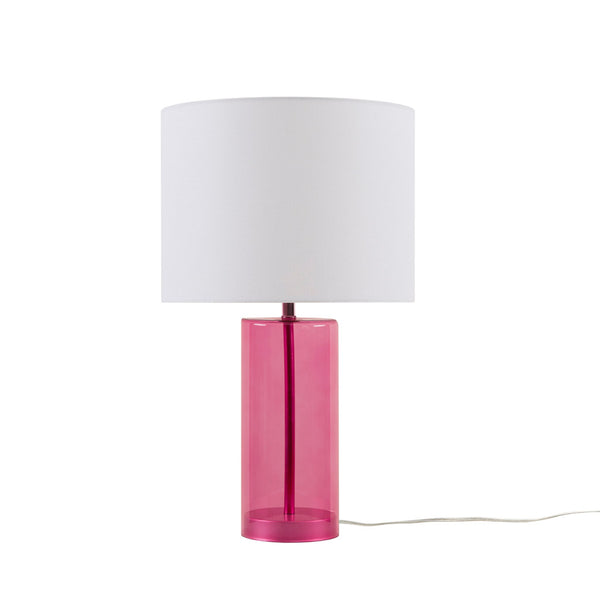 JLA Home 510 Design - Glass Neonova Table Lamp — Pink tempered-glass body, white drum shade, LED ambient light, modern bedside accent 5DS153-0051