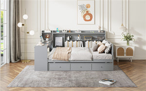 English Elm Full Size Wooden Daybed With 3 Storage Drawers, Built-In Desk & Usb Ports – Gray, Space-Saving Design N820S00018E