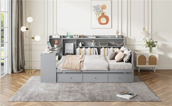 English Elm Full Size Wooden Daybed With 3 Storage Drawers, Built-In Desk & Usb Ports – Gray, Space-Saving Design N820S00018E