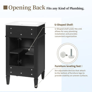 English Elm 18-inch French Style Freestanding Bathroom Vanity with Ceramic Sink Soft Close Storage Black N710P411340B