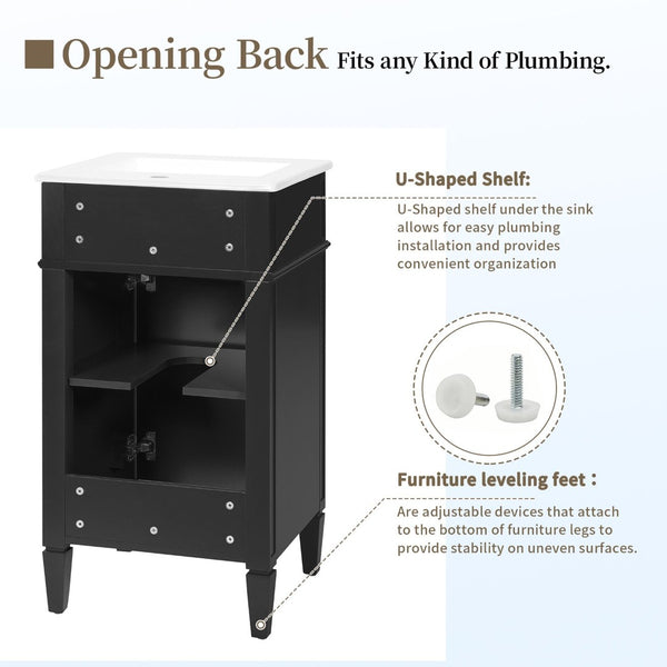 English Elm 18-inch French Style Freestanding Bathroom Vanity with Ceramic Sink Soft Close Storage Black N710P411340B