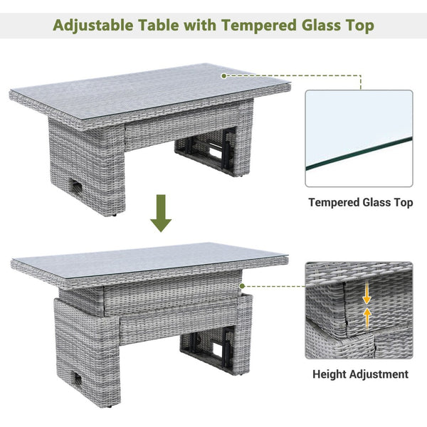English Elm Outdoor Rattan Furniture Set With Adjustable Recliners, Versatile Tables, And Ottomans For Patios N719Z000120A-GIGA