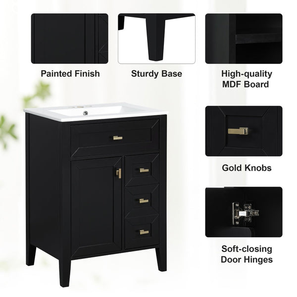 English Elm "24'' 24 Inch Glossy Freestanding Bathroom Vanity with Gold Hardware and Soft Close Storage Black Rubberwood N725P448529B