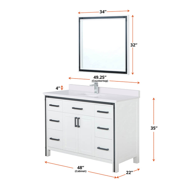 English Elm White 48" Bath Vanity with White Quartz Top, Chrome Faucet & 34" Mirror — Durable Scratch-Resist Finish B2731S01345
