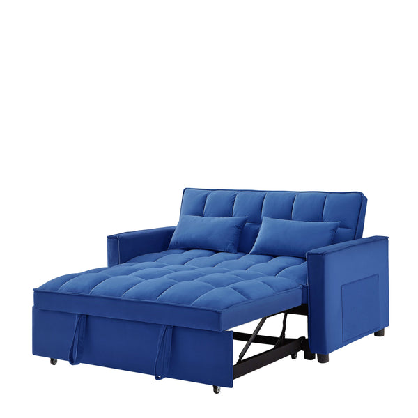 English Elm 54inch Flannel Sleeper Sofa with Double Armrests and Pouch, Adjustable Backrest Converts to Bed Dark Blue W1410P256596