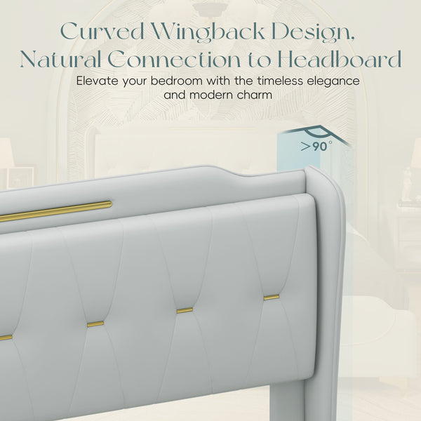 English Elm Christopher Knight Home® - King PU Leather Bed Frame with Wingback Headboard & Footboard, Gold Accents, Platform Slat Support, Elegant Design Grey 77.5 L x 21 W x 5.25 H N761S0000012E