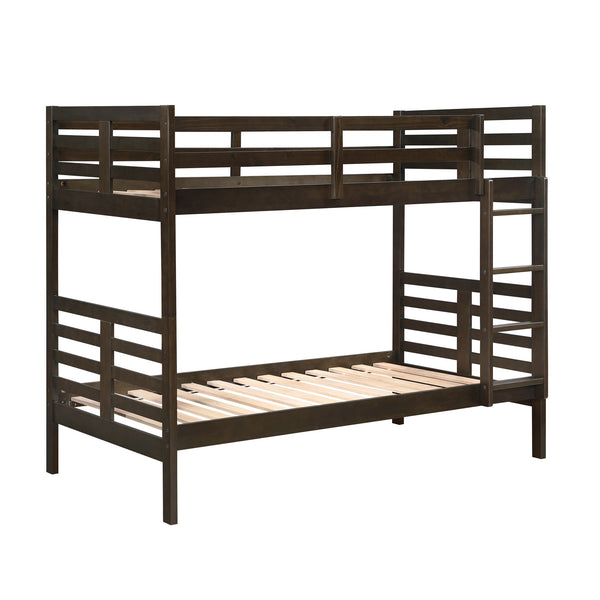 English Elm Twin Twin-over-Twin Bunk Bed with Guard Rails and Integrated Ladder, Oak-Veneer Durable Frame, Space-Saving Design Dark Brown 44 L x 34.5 W x 7 H B011S01851