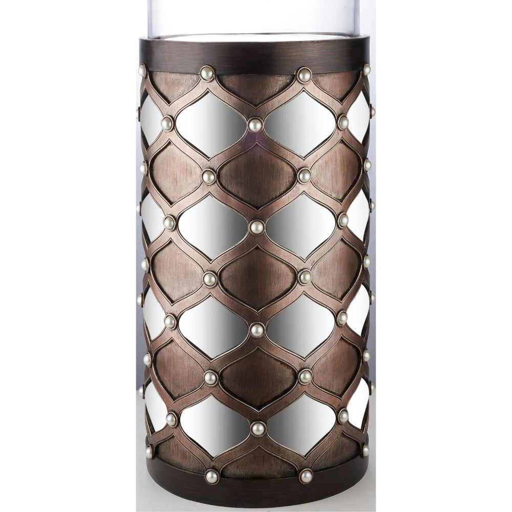 English Elm 31" Tall Hurricane Candleholder with Arabesque Mirrored Tiles and Pearl Espresso Column B072116552