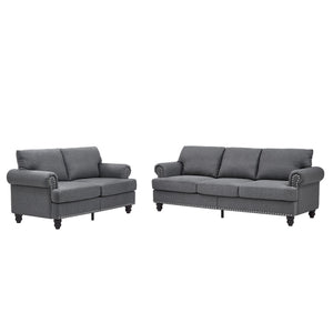 English Elm Modern Classic Living Room 2+3 Seater Sofa Set with Nailhead Trim, Removable Covers, Coil Springs, Hidden Storage Grey W1097S00174