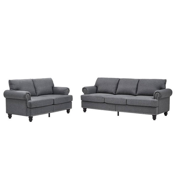English Elm Modern Classic Living Room 2+3 Seater Sofa Set with Nailhead Trim, Removable Covers, Coil Springs, Hidden Storage Grey W1097S00174