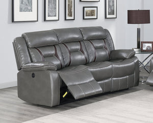 English Elm Modern Gray Gel Leatherette Power Reclining Sofa with Adjustable Headrest Pillow Arms B011P467548