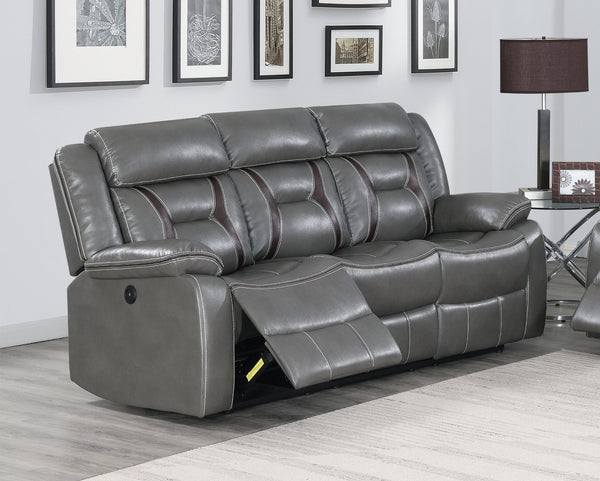 English Elm Modern Gray Gel Leatherette Power Reclining Sofa with Adjustable Headrest Pillow Arms B011P467548