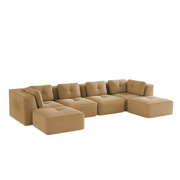 English Elm Modern Corduroy U-shaped Sectional with Deep Seating Two Ottomans Tufted Detail Camel W714S01788