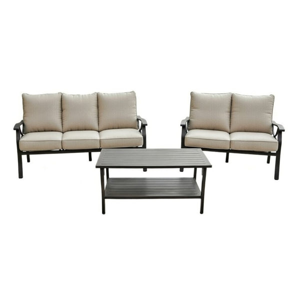 English Elm 3-piece Outdoor Steel Patio Conversation Set with Thick Cushions and Coffee Table Beige B082S00123