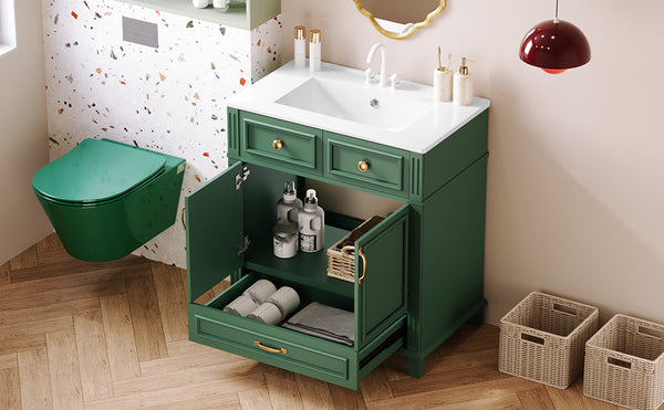 English Elm 30'' Bathroom Vanity with Sink - Retro Solid Wood Frame, Ceramic Basin, Soft-Close Doors & Ample Storage Green N710P190656F