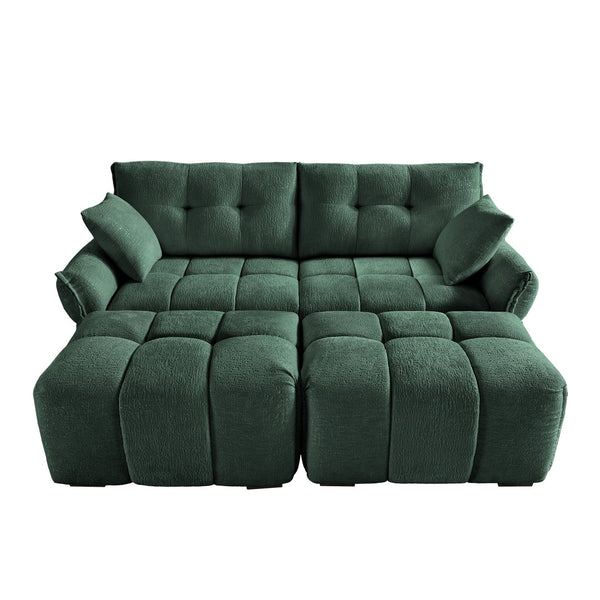 English Elm 2 Seater Sofa Set with Ottomans and Throw Pillows Plush Chenille Tufted Design Durable Wood Frame Comfort Green W714S01159