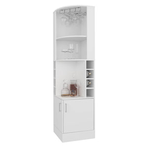 English Elm White Corner Bar Cabinet Tall with Wine Bottle Rack, Built-In Glass Holder, 4 Shelves, Modern Storage B062S00607