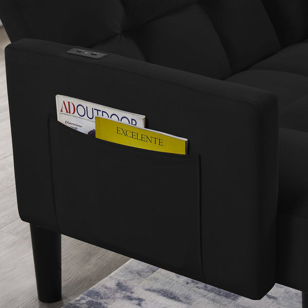 English Elm Velvet Convertible Futon Sofa Bed with Adjustable Back, Plush 9" Cushion, Eucalyptus Frame for Apartments Black W1413P332828