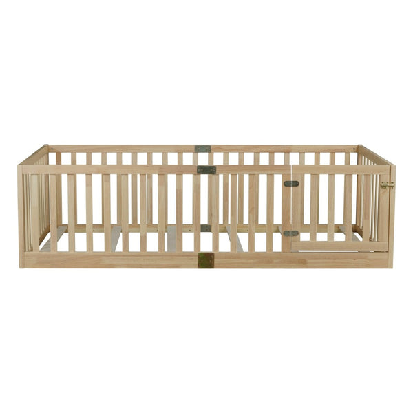 English Elm Twin Montessori Floor Bed Solid Rubber Wood with Safety Fence Rails Toddler Room W504P411198