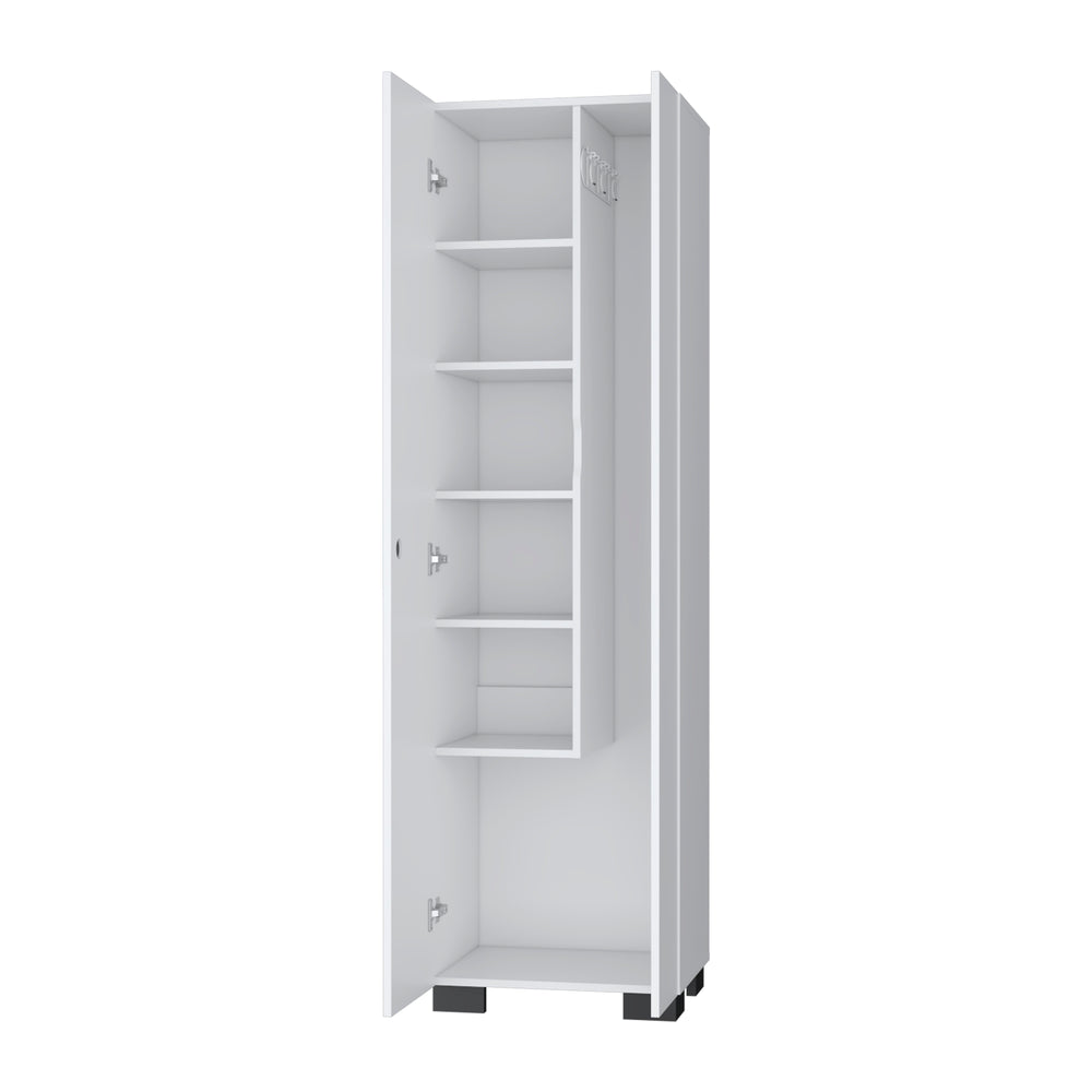 English Elm FM Aiken Broom Cabinet White – Narrow Storage Cabinet with Inner Shelves, 3 Broom Hangers & Doors B128S00058