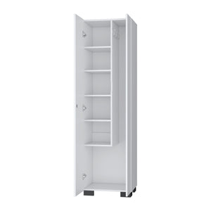 English Elm FM Aiken Broom Cabinet White – Narrow Storage Cabinet with Inner Shelves, 3 Broom Hangers & Doors B128S00058