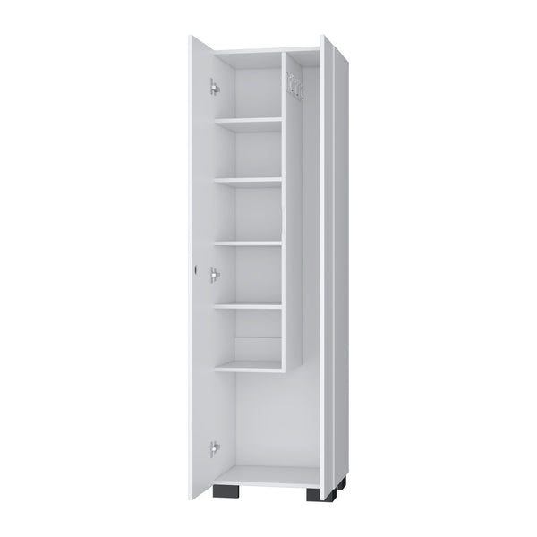 English Elm FM Aiken Broom Cabinet White – Narrow Storage Cabinet with Inner Shelves, 3 Broom Hangers & Doors B128S00058