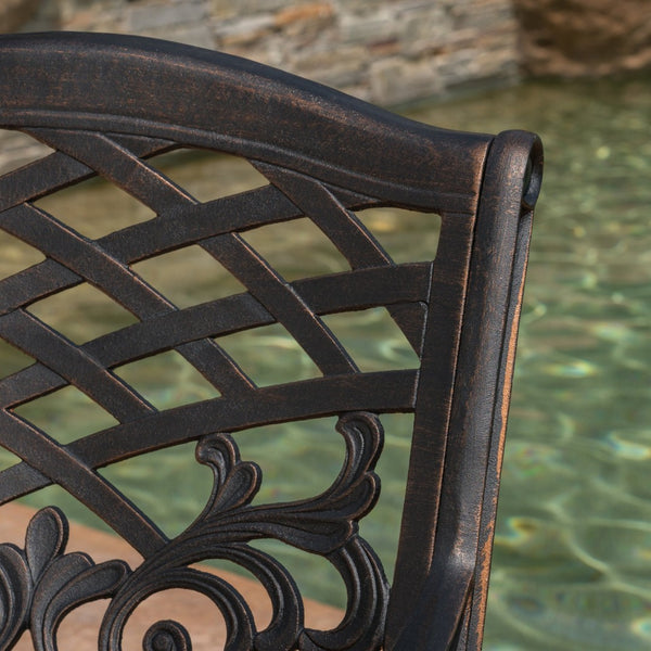 English Elm Phoenix Cast Aluminum Outdoor Dining Arm Chairs Ornate Lattice Scroll Garden Set Copper 54589.00SHNCOP