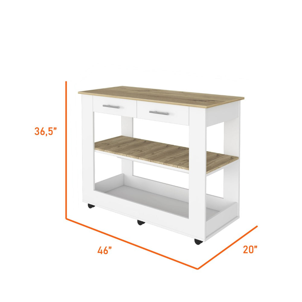 English Elm Brooklyn Rolling Kitchen Island with Two Drawers Open Shelves Rustic Farmhouse Style B128P148886