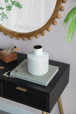 English Elm D5.9x7.9" Ceramic White Vase with Gold Trim and Geometric Triangle Pattern — Modern Curved Neck Accent centerpiece home décor elegant display W2078P391145