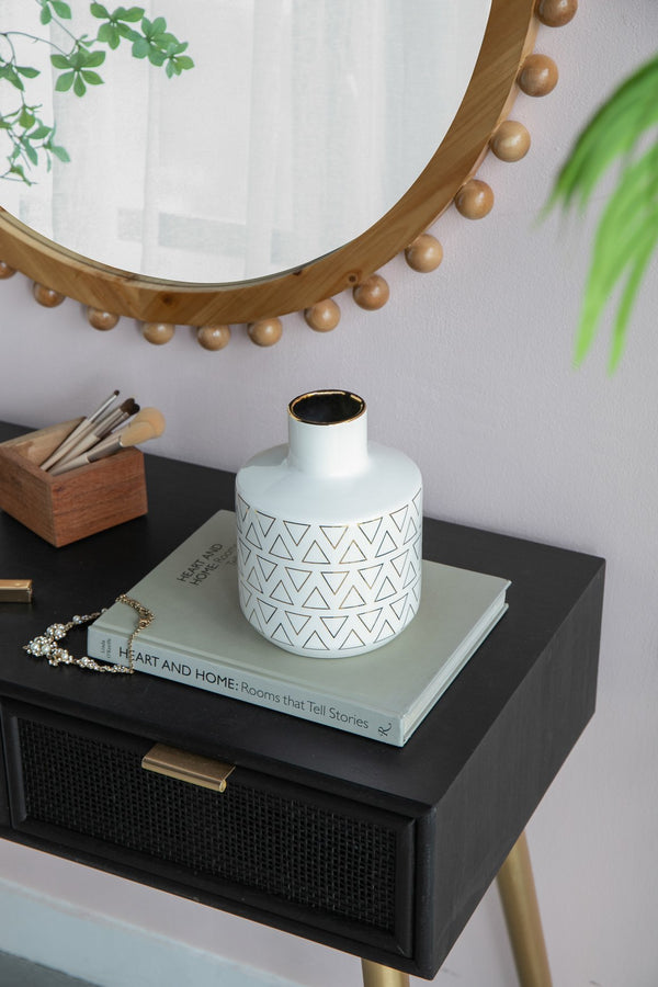 English Elm D5.9x7.9" Ceramic White Vase with Gold Trim and Geometric Triangle Pattern — Modern Curved Neck Accent centerpiece home décor elegant display W2078P391145