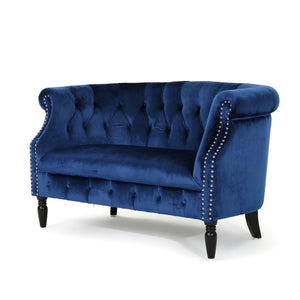 English Elm Christopher Knight Home® - LOVESEAT Chesterfield Velvet Loveseat with Deep Button Tufting, Scrolled Arms & Nailhead Trim for Elegant Comfort Navy Blue 61203.00NVLTNBL