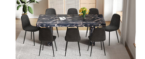English Elm Table and Chair Set Seats Eight with Marble Pattern Mdf Top Brown Fabric Dining W1151S04133