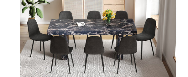 English Elm Table and Chair Set Seats Eight with Marble Pattern Mdf Top Brown Fabric Dining W1151S04133