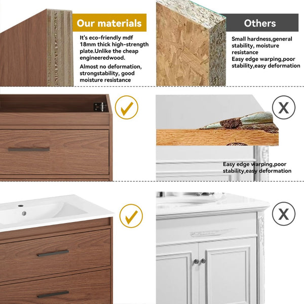 English Elm 30" Wall Mounted Bathroom Vanity Reddish Brown Mdf Two Soft Close Drawer Ceramic Sink W3133S00021