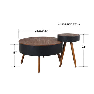 English Elm 15.7-inch Round Carved Mdf Accent Table Distressed Vintage Style for Bedroom or Living Room W3935P406043