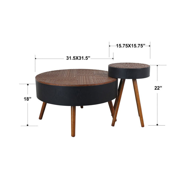 English Elm 15.7-inch Round Carved Mdf Accent Table Distressed Vintage Style for Bedroom or Living Room W3935P406043