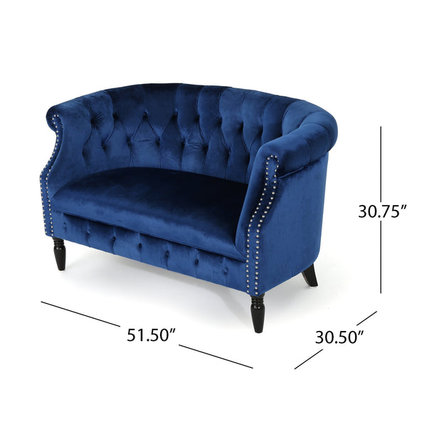 English Elm Christopher Knight Home® - LOVESEAT Chesterfield Velvet Loveseat with Deep Button Tufting, Scrolled Arms & Nailhead Trim for Elegant Comfort Navy Blue 61203.00NVLTNBL