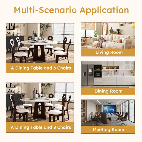 English Elm Modern Round Dining Table Set - 59" Sintered Stone Top With Walnut Base & 360° Lazy Susan For 8 People W2700S00014