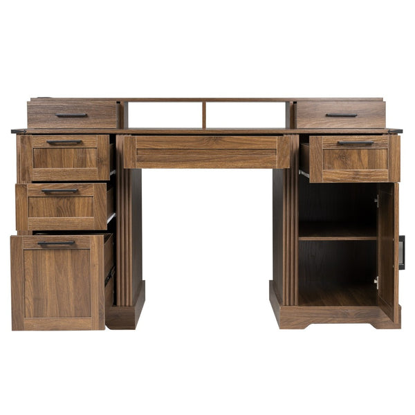 English Elm 59" Fluted Oak L-shaped Corner Desk with Charging Station Monitor Stand and File Storage Dark Walnut W2917S00007