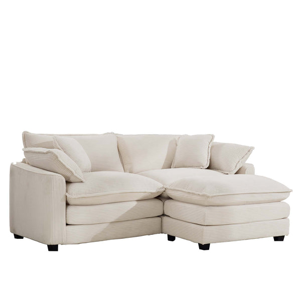English Elm Corduroy Two-Seater Sofa With Ottoman - Chic L-Shaped Design For Cozy Small Spaces In Light Beige W714S00770