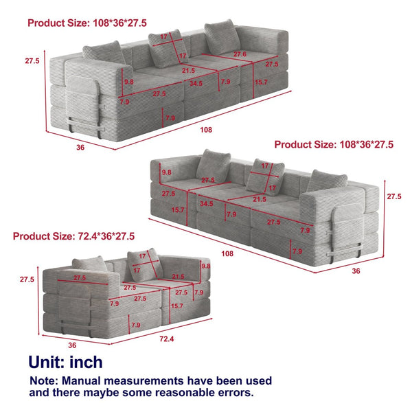 English Elm 8 Seater Corduroy Floor Sofa Bed with Storage Pockets and Modular Cushion Design W3505S00023
