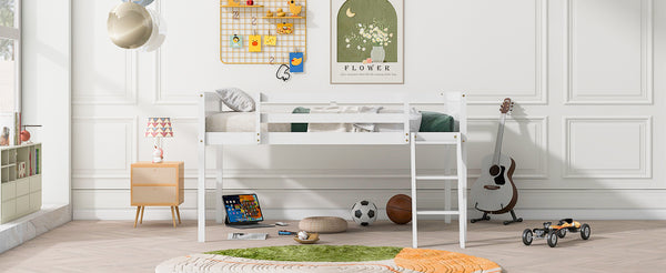 English Elm Full Low Loft Bed Pine Wood with Ladder & Guardrails, Space-Saving Play Area, Secure 350lb Capacity White WF531952AAK
