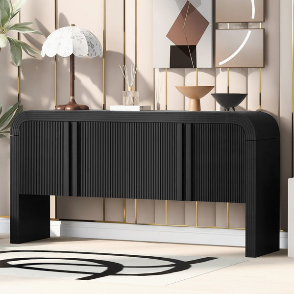 English Elm U_style Wave Door Pine Console Table Sculptural Storage for Entryway or Sofa Black N711P415846B