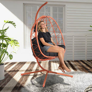 English Elm Hanging Egg Chair Wicker Swing with Stand Ergonomic Cradle for Patio or Bedroom T5880P497580