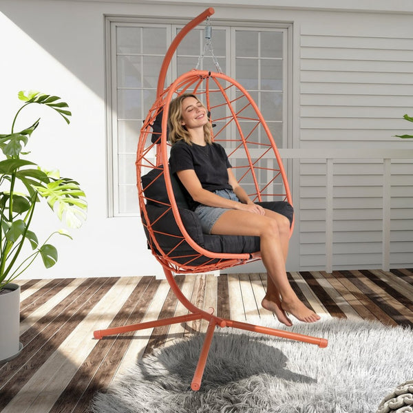 English Elm Hanging Egg Chair Wicker Swing with Stand Ergonomic Cradle for Patio or Bedroom T5880P497580