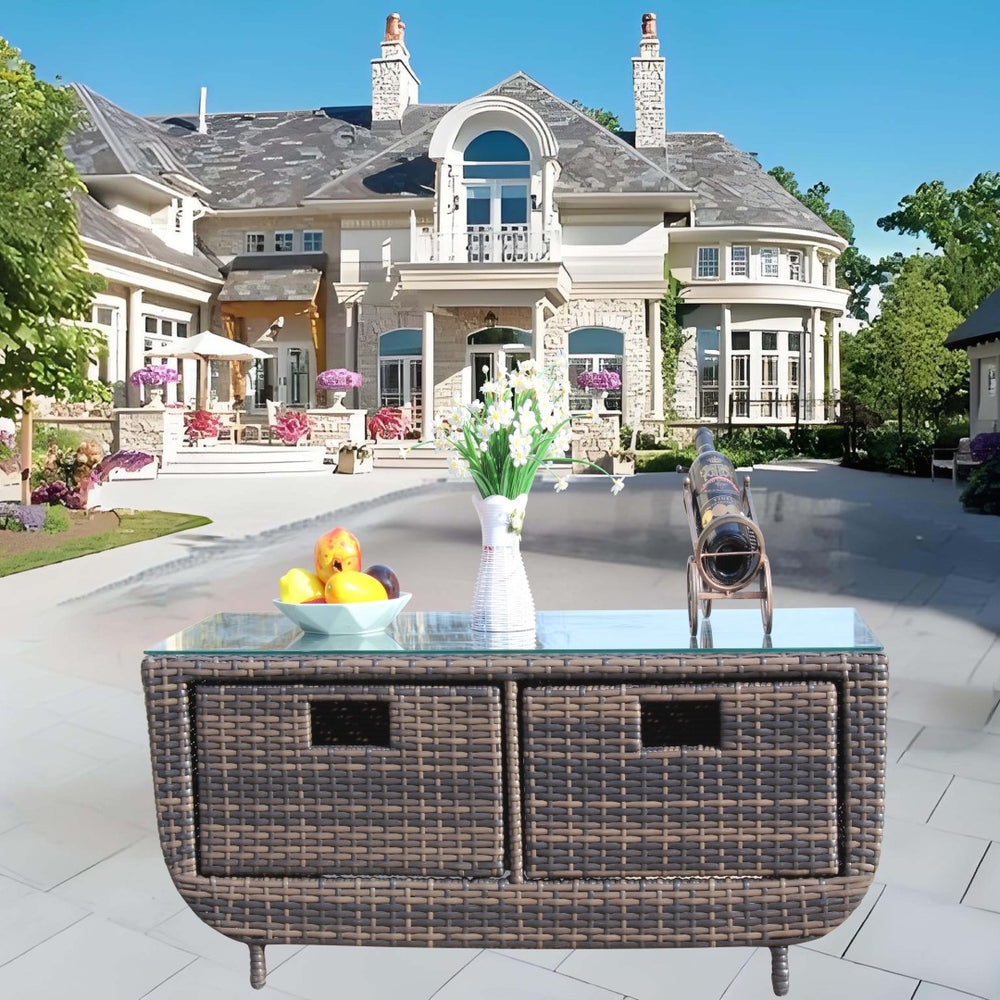 English Elm Coffee Table Outdoor Pe Rattan Wicker with Tempered Glass Top Patio Sunroom W209P440882
