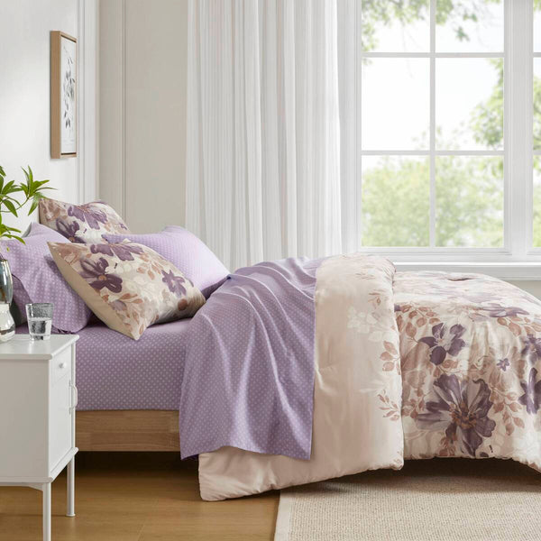 English Elm Floral Comforter Set With Hypoallergenic Sheets In Taupe - Elegant Layering For Cozy Bedrooms! B035P266689