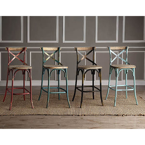 English Elm Antique Vintage-Style Turquoise & Oak Bar Stool with High Back Support, Wooden Seat, Footrest (43.5") B062P191073